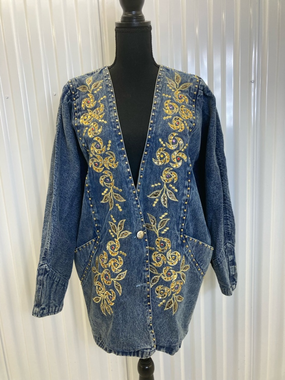 Vintage Acid Wash Embroidered Denim Jacket with Gold Floral Accents size 3x